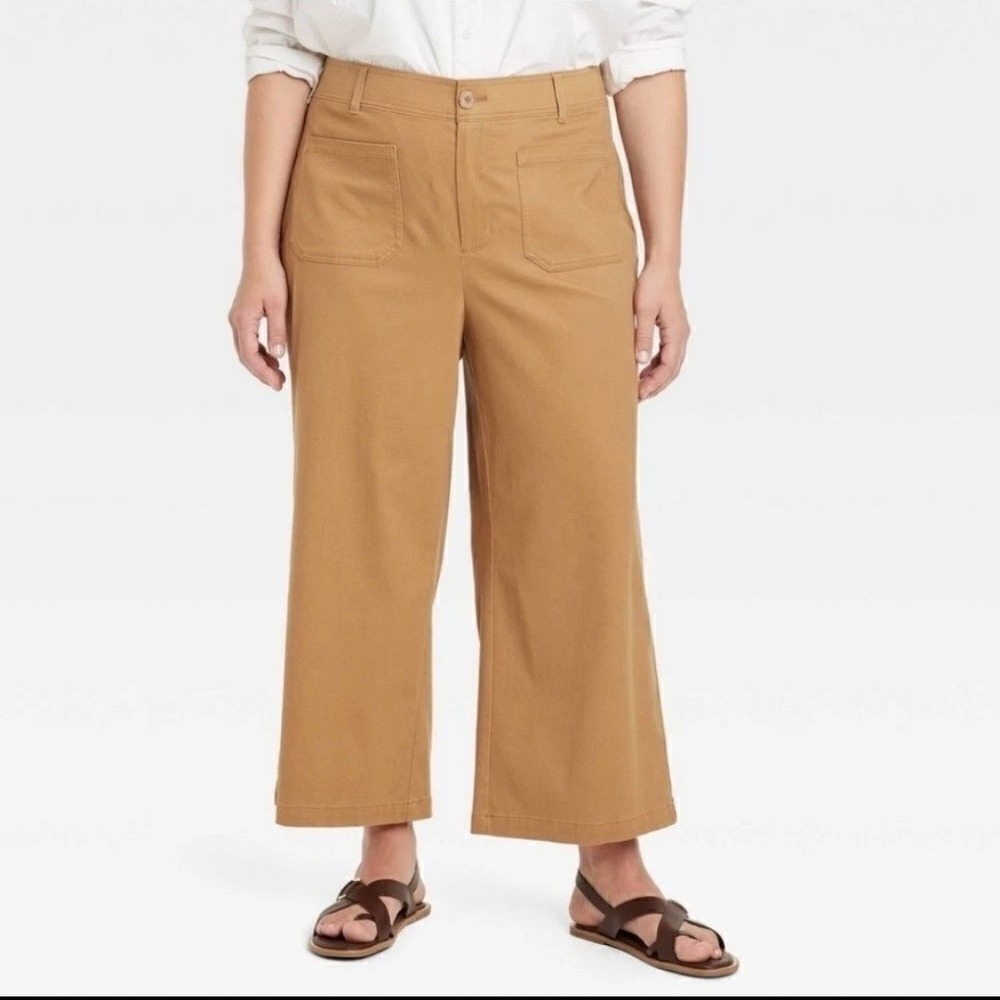 NWT Ava & Viv Womens 18 Wide Leg Crop Pants Camel Brown Stretch Comfort Waist